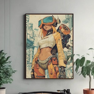 Gamer Cyber Girl | Vintage Wall Art, Retro Futurism, Science fiction, Minimalist Collage, Sci-Fi, Cosmic, Cyberpunk, Robot | Digital