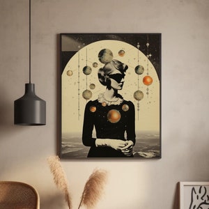 Planetary Retro Woman | Minimalist Wall Art, Retro Futurism, Science fiction, Vintage Collage, Sci-Fi Poster, Cosmic Artwork | Digital