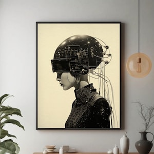 Electronic Mind Woman | Minimalist Wall Art, Retro Futurism, Science fiction, Vintage Collage, Sci-Fi Poster, Cosmic Artwork | Digital