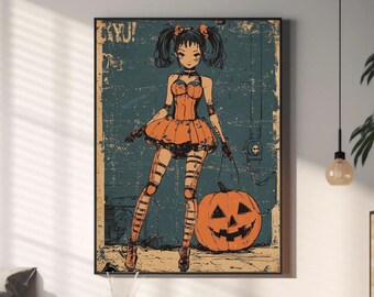 Cute Halloween Girl | Creepy Wall Art, Vintage Poster, Dark Gothic, Charming Cute Woman, Pumpkins, Bats | Digital Print