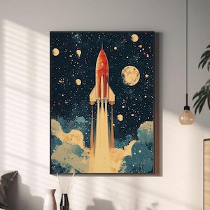 Könnte beinhalten: Ein gerahmter Kunstdruck zeigt eine Rakete, die ins All startet. Die Rakete ist rot und weiß, mit Flammen und Rauch. Der Hintergrund ist ein dunkelblauer Nachthimmel mit Sternen und Planeten.
