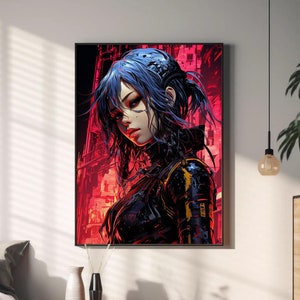 Cyber Girl | Neon Wall Art, Retro Futurism, Science fiction, Minimalist, Future, Sci-Fi, Cosmic, Cyberpunk, Robot | Digital