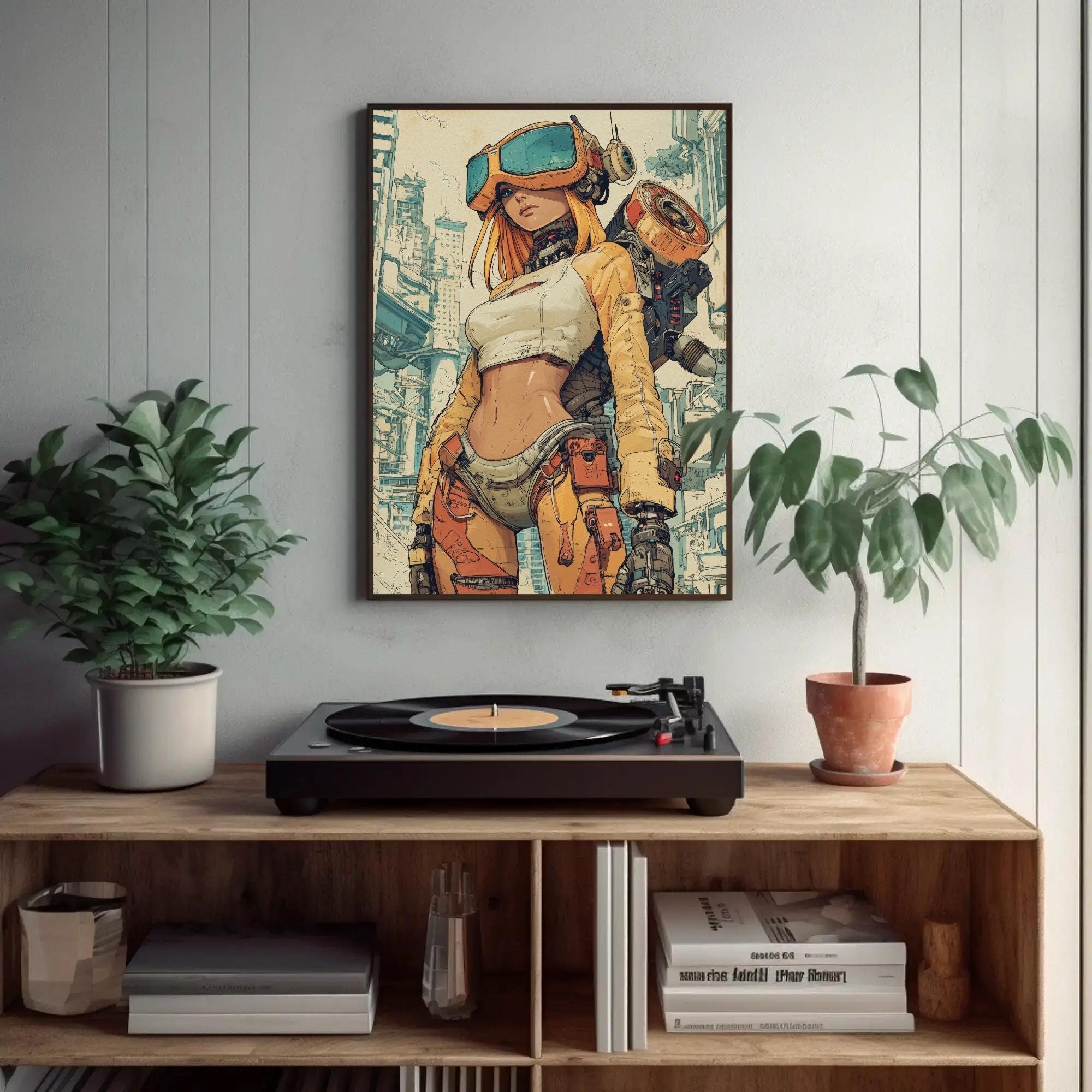 Gamer Cyber Girl | Vintage Wall Art, Retro Futurism, Science fiction, Minimalist Collage, Sci-Fi, Cosmic, Cyberpunk, Robot | Digital