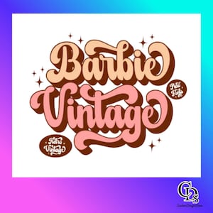 Puede incluir: Gráfico retro con las palabras "Barbie Vintage" en una fuente de burbujas en capas. El texto está en tonos de rosa y marrón, con acentos de estrellas. El diseño incluye las frases "Retro Vintage" y "New Fonts".
