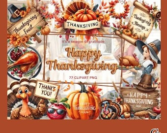 Thanksgiving Clipart Bundle - 77 PNG Grateful Festive Images | Harvest Feast Graphics | Instant DigitalDownload | Commercial Use