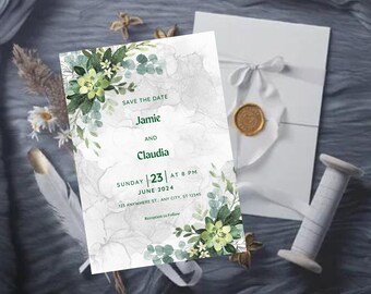 White and Green Minimalist Wedding Invitation, Minimalist wedding invite, Instant Download, Printable Minimalist Wedding Invitation, Invite.