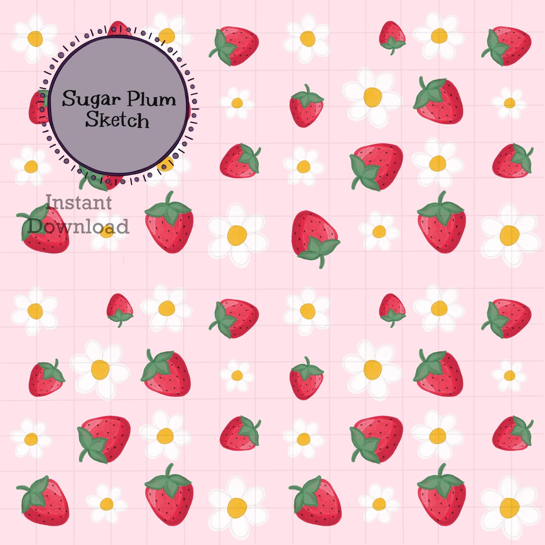 Pink Strawberry Daisy Spring Summer Fruity Seamless Pattern PNG Hand ...