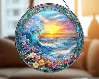 Ocean Waves Painted Stained Glass Suncatcher, Window Hanging Decor, Ocean Sun Catcher Decor, Beach House Wall Decor