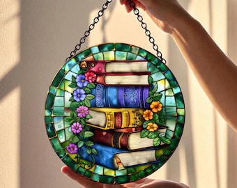 Book with Flowers Stained Glass Window Hanging Colorful Floral Suncatcher Literary Home Decor Gift for Book Lovers Bookish Lover Gifts