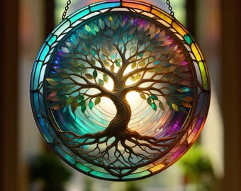 Tree of Life Suncatcher, Tree Glass Suncatcher, Window Hanging Decor, Green Nature Sun Catcher, Housewarming Gift