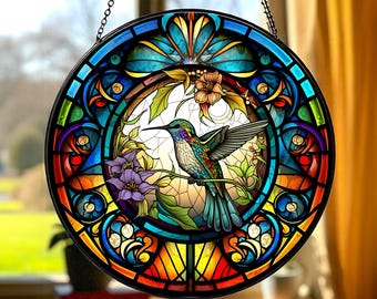 Bird Suncatcher, Stained Glass Style Window Hanging, Colorful Hummingbird Sun Catcher, Floral Nature Inspired Glass Art, Unique Gift Decor