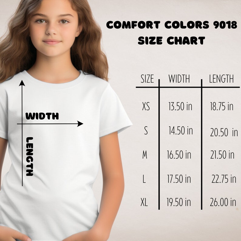 May include: Size chart for Comfort Colors 9018 t-shirts, showing measurements in inches for XS, S, M, L, and XL sizes. The chart shows width and length measurements.