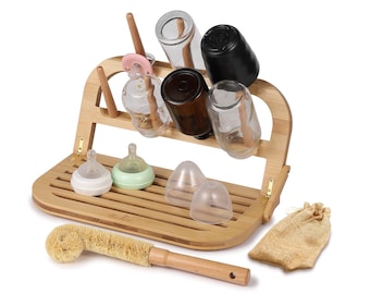 Natural Bamboo Baby Bottle Drying Rack with Coconut Brush, Foldable, Portable, Sustainable