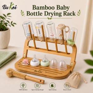 Natural Bamboo Baby Bottle Drying Rack with Coconut Brush, Foldable, Portable, Sustainable