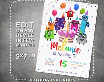 Editable Printable Invitation, Numberblocks Birthday Invitation, Numberblocks Birthday Party Invite, learn numbers first second party