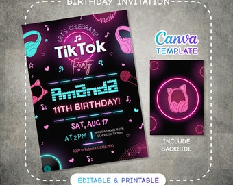 TikTok birthday invitation, tik tok invite, printable editable tiktok party invite template, blogger party, tik-tok music party