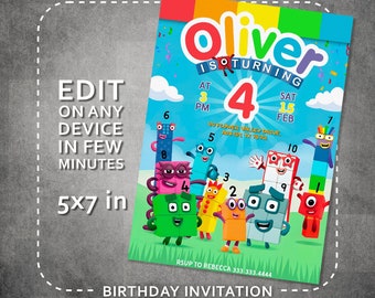 Editable Printable Invitation, Numberblocks Birthday Invitation, Numberblocks Birthday Party Invite, learn numbers first second party