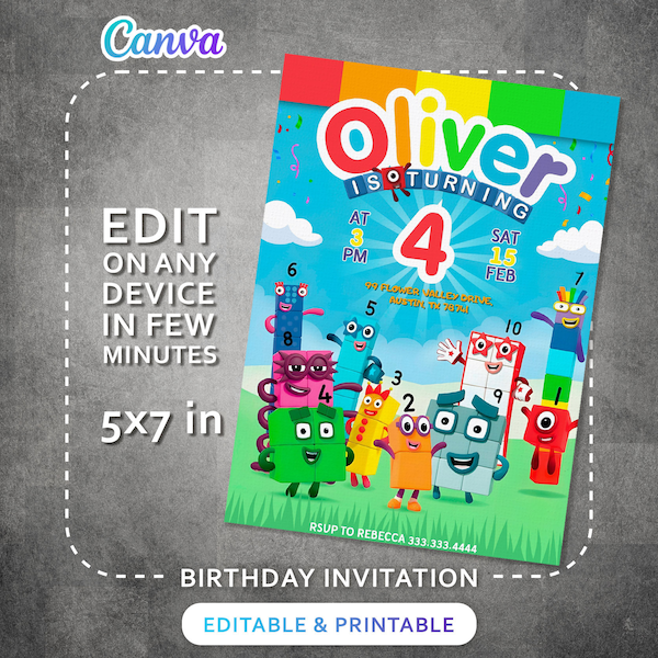 Editable Printable Invitation, Numberblocks Birthday Invitation, Numberblocks Birthday Party Invite, learn numbers first second party