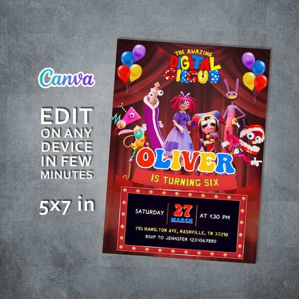 Printable the Amazing Digital Circus Invitation,  Editable Digital Circus party Invite, Birthday Party Celebration template Download