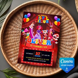 Imprimible la increíble invitación de circo digital, invitación editable para fiesta de circo digital, plantilla para celebración de fiesta de cumpleaños