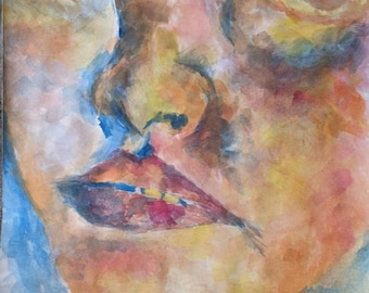 Puede incluir: Una pintura de acuarela de la cara de una persona. La pintura está hecha en tonos de amarillo, naranja, marrón y azul. Los ojos de la persona están muy abiertos y su boca está ligeramente abierta. La pintura es abstracta y expresiva.