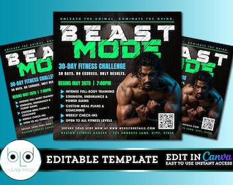Beast Mode Fitness Challenge Flyer, Gym Template (Canva, Digital Download)