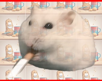 May include: A white hamster with a black eye is eating a peanut. The hamster is in front of a tiled background with a cartoon peanut and cup design.