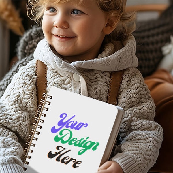 Side Spiral Notebook Mockup with a Sweater Clad Toddler Awaiting Your Notebook Design, Planner, Mockup, Notebook, Journal, Spiral, Toddler