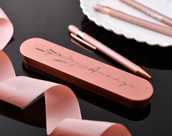Engraved rose gold pen + pen case set, personalized pen gift for women, customized luxury ballpoint pen, soft to touch, comes with gift box