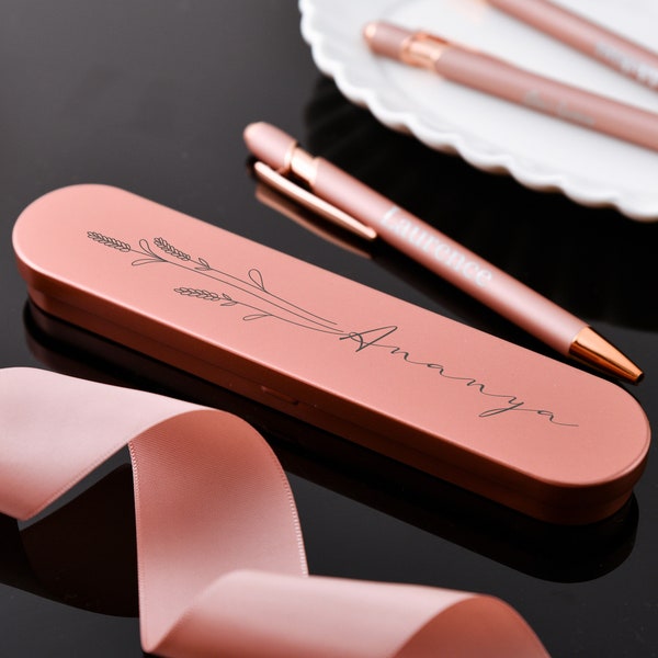 Ensemble stylo gravé en or rose + étui à stylos, cadeau stylo personnalisé pour femme, stylo à bille de luxe personnalisé, doux au toucher, livré dans une boîte cadeau