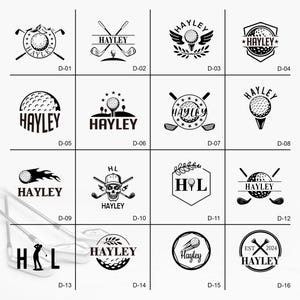 Pode incluir: Uma grade de 16 logotipos de golfe em preto e branco com o nome "Hayley" incorporado em cada design. Os logotipos apresentam vários elementos como bolas de golfe, tacos de golfe, bandeiras e uma caveira.