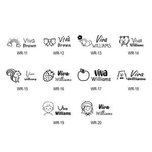 May include: A collection of black and white illustrations featuring various designs, including a rainbow, bow, mouse, tiger, squirrel, strawberry, apple, bear, boy, and girl. Each design is accompanied by the text "Viva" and a name or word, along with a product code.