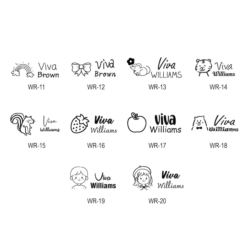 May include: A collection of black and white illustrations featuring various designs, including a rainbow, bow, mouse, tiger, squirrel, strawberry, apple, bear, boy, and girl. Each design is accompanied by the text "Viva" and a name or word, along with a product code.