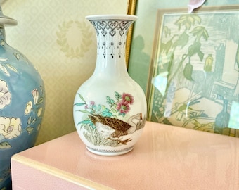Vintage 1970s Porcelain Chinese White Skinny Neck Vase with Goose and Floral Design Chinese Characters