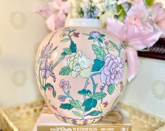 Gorgeous Peach Pink Large Vintage Chinoiserie Ceramic Floral Iris Peonies Flower Ginger Jar Vase (No Lid) Grandmillenial Decor Oriental
