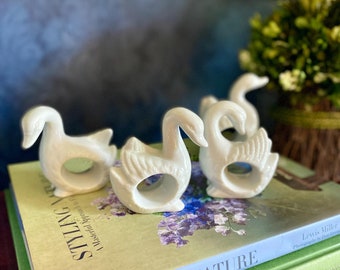 Vintage 1980s Collectible Set of 4 White Porcelain Swan Napkin Rings Holders Made in Korea by Action **one repaired
