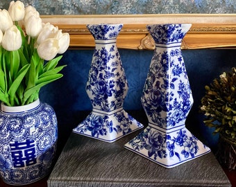 Blue & White Pillar Unique Diamond Base Chinoiserie Floral Porcelain Vintage Tall Candlestick Holders