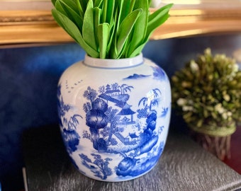 Blue & White Vintage Bombay China Ginger Jar Vase Decor Pagoda Cherry Blossom Willow Pattern