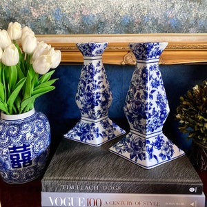 Blue & White Pillar Unique Diamond Base Chinoiserie Floral Porcelain Vintage Tall Candlestick Holders