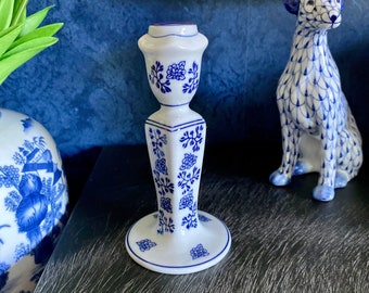 Blue & White Chinoiserie Floral Porcelain Vintage Single Taper Candlestick Holder