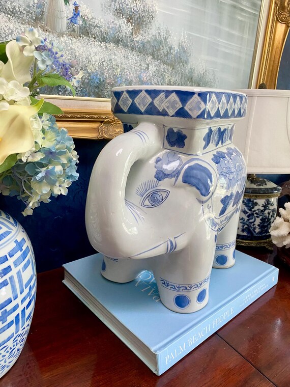 Vintage Blue & White Chinoiserie Porcelain Elephant Garden Stool