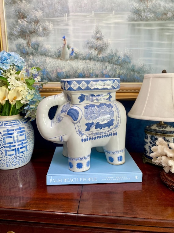 Vintage Blue & White Chinoiserie Porcelain Elephant Garden Stool