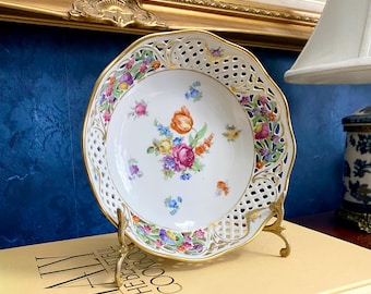 Beautiful Vintage Schumann Bavaria Dresden Flowers 8.25" Reticulated Bowl Made in Germany Germany Hand Painted Colorful Floral Porcelain