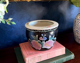 Vintage Black & Pink Floral Cachepot Planter, Hand Painted Ceramic Fishbowl Flower Pot, Chinoiserie  Grandmillennial Decor Famille Noire