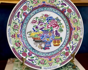 10.25” Rose Medallion-Style Chinese Porcelain Plate Hand Painted in Macao Vintage Polychrome Floral Foo Dog Chinoiserie Grandmillenial