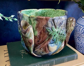 Rare Antique 1890s Etruscan Majolica Fish Motif Planter | Handmade Unique Eclectic Coastal Seashell Cachepot | Oceanic Jardiniere Garden Pot
