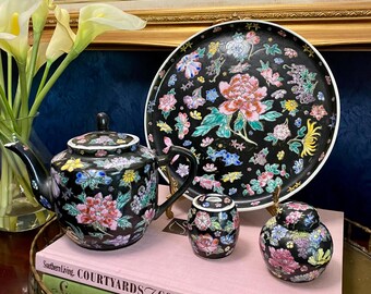 Famille Noir, Black Floral Tea Set, (6pcs), Mun Shou, Porcelain