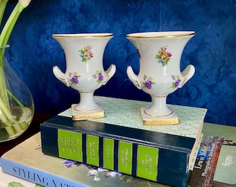 Pair of Antique Porcelain Bud Vases w/ Gilt Handles & Hand-Painted Floral Motif White + Purple Flowers Urn Style Grandmillennial Decor