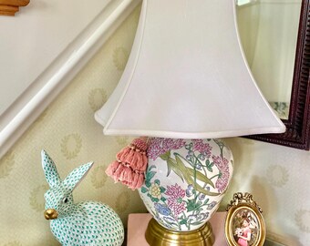Vintage Chinoiserie Floral Porcelain Enamel Table Lamp, Brass Base Pink Green Blue Flowers Botanical Motif Hollywood Regency Asian Style