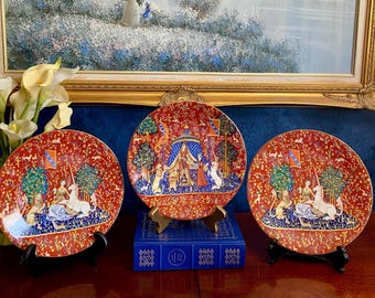 Set of 3: French Limoges Plates by Robert Haviland La Dame à la Licorne Unicorn Tapestry Vintage Porcelain 1977 Limited Edition 10”
